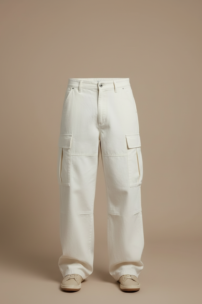 Pantalon Blanc Cargo Ample Coton Décontracté - Beige Toile - vue 3