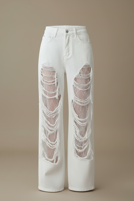 Pantalon Blanc Jean Ample Déchiré Dentelle Femme - vue 3