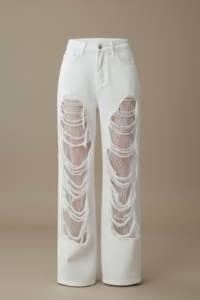 Pantalon Blanc Jean Ample Déchiré Dentelle Femme - vue 3