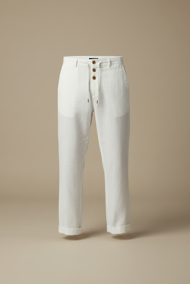 Pantalon Blanc Lin Décontracté Cordon Droit Homme - vue 2