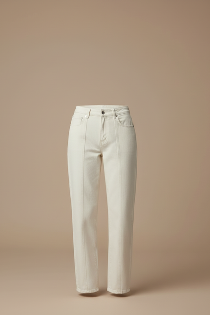 Pantalon Blanc Droit Coton Décontracté Coutures Apparentes - Beige - vue 3