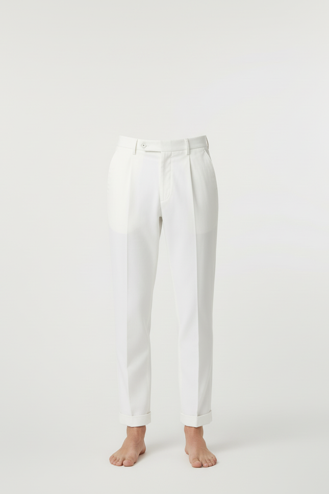 Pantalon Blanc Homme Droit Plissé Habillé Coton Élégant - Gabardine - vue 3