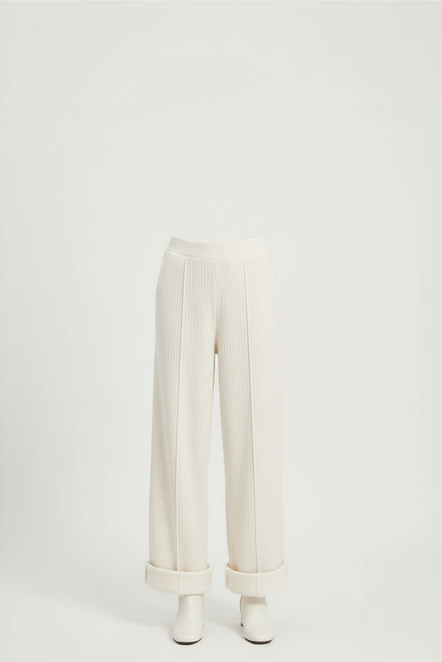 Pantalon Blanc Crème Large Tricoté Côtelé Femme - Maille - vue 3