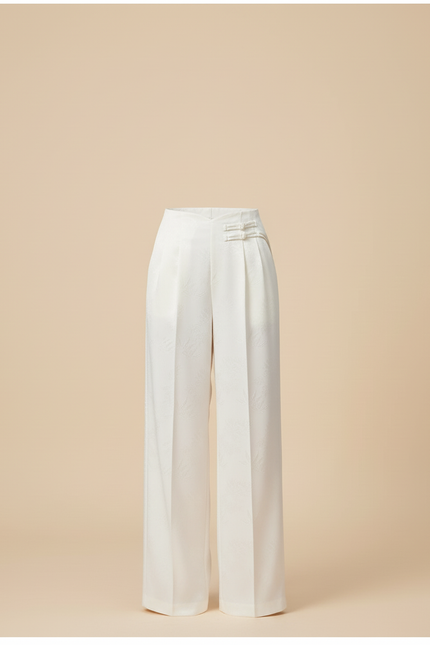 Pantalon Blanc Satiné Brodé Ample Élégant Femme - vue 3