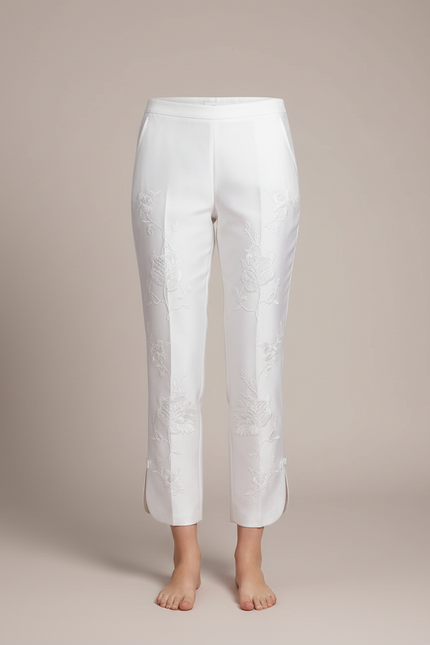 Pantalon Blanc Brodé Fleur Taille Haute Élégant - Satin - vue 3
