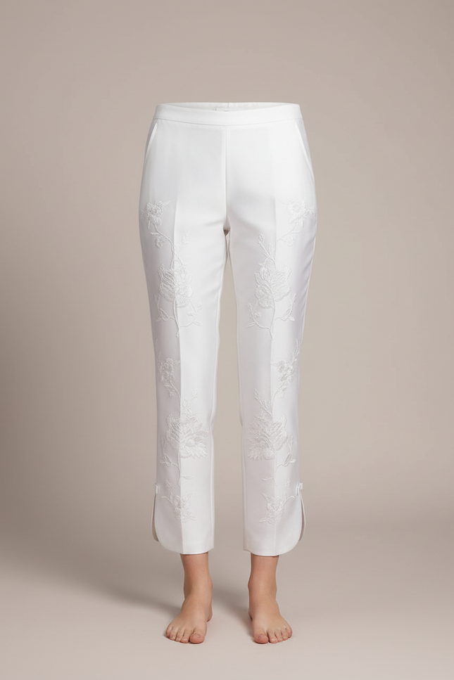 Pantalon Blanc Brodé Fleur Taille Haute Élégant - Satin - vue 3