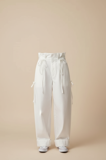 Pantalon Blanc Ample Taille Haute Décontracté Femme - Toile - vue 3