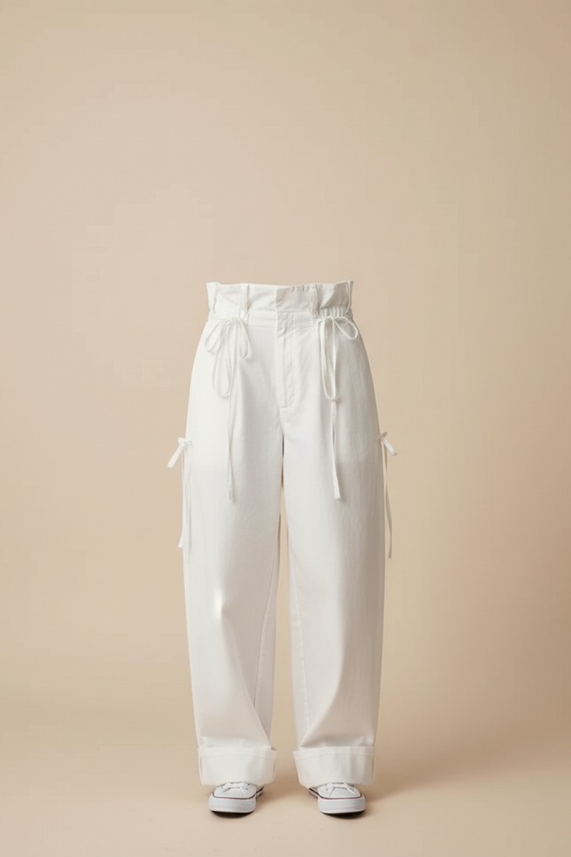 Pantalon Blanc Ample Taille Haute Décontracté Femme - Toile - vue 3