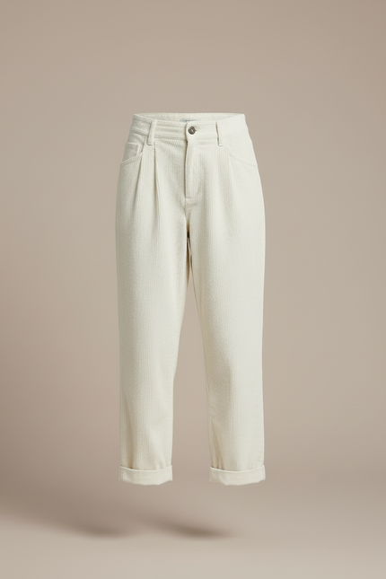 Pantalon Blanc Côtelé Décontracté Plissé Femme Droit - Beige Cordé - vue 3