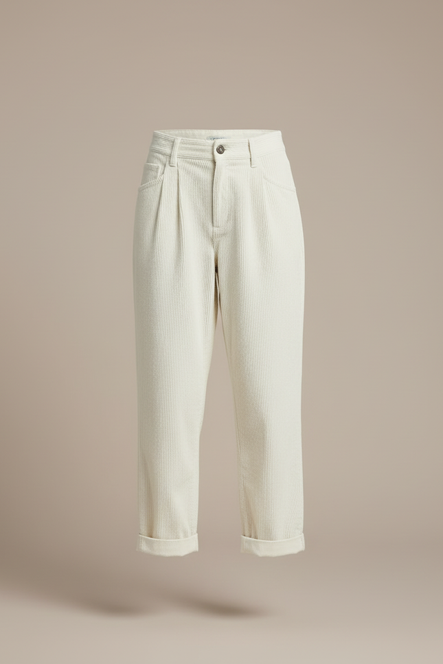 Pantalon Blanc Côtelé Décontracté Plissé Femme Droit - Beige Cordé - vue 3