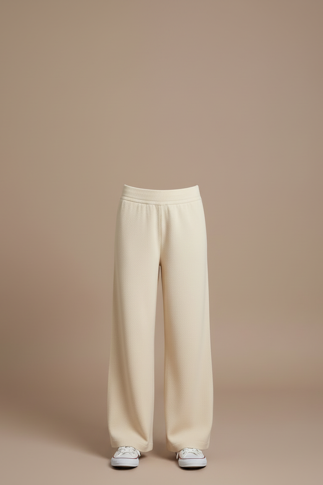 Pantalon Blanc Tricoté Ample Taille Haute Fille - Beige Maille - vue 3