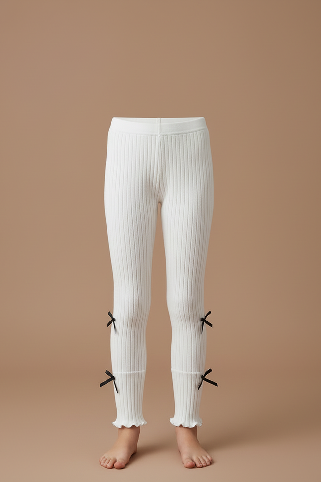 Pantalon Blanc Côtelé Fille Nœuds Mignons - Maille - vue 3