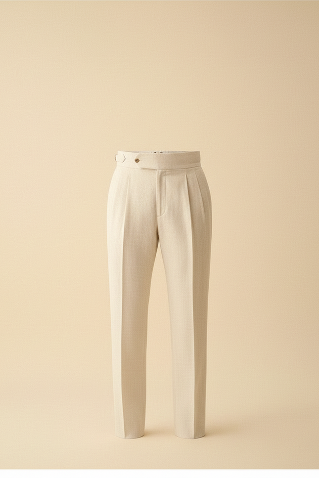 Pantalon Blanc Droit Plissé Habillé Lin Élégant Homme - Beige - vue 3
