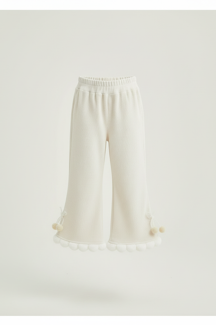 Pantalon Blanc Côtelé Ample Décontracté Pompons Fille - Beige Cordé - vue 3