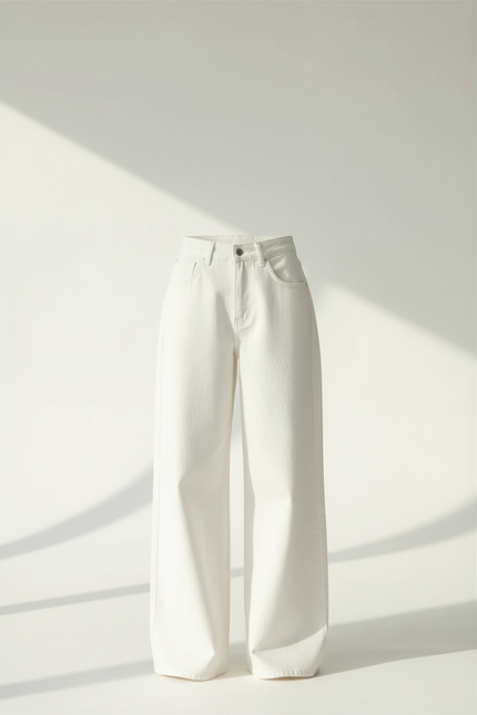 Pantalon Blanc Large Décontracté Taille Haute Femme - Jean - vue 3