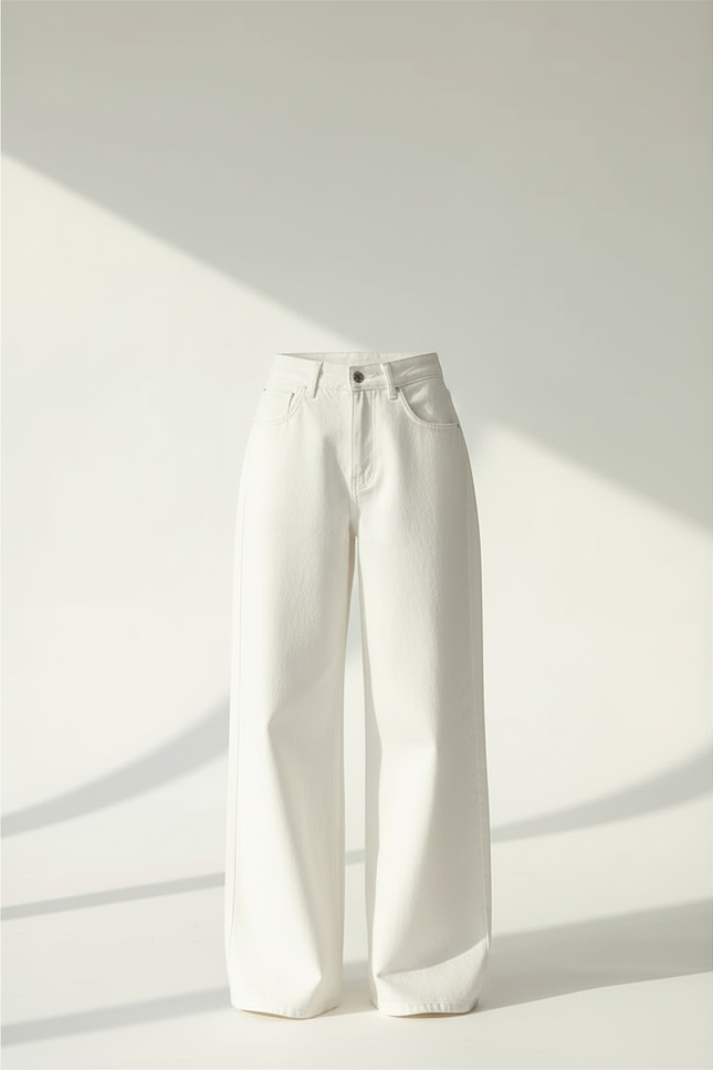 Pantalon Blanc Large Décontracté Taille Haute Femme - Jean - vue 3
