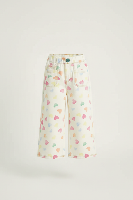 Pantalon Blanc Large Cœurs Imprimés Fille Décontracté - Jean - vue 3
