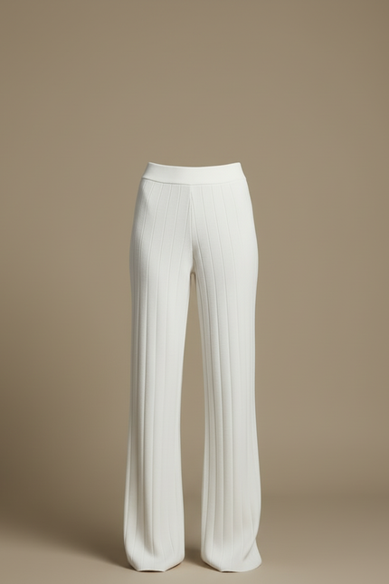 Pantalon Blanc Côtelé Évasé Tricoté Confortable Femme - Maille - vue 3