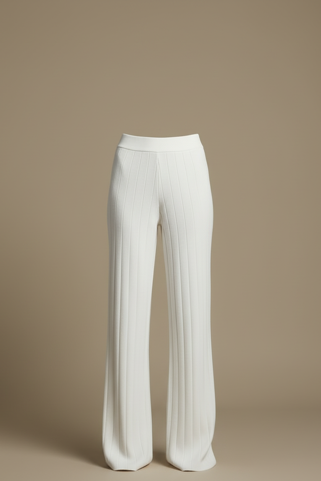 Pantalon Blanc Côtelé Évasé Tricoté Confortable Femme - Maille - vue 3