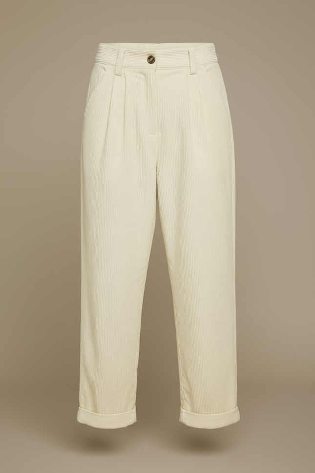 Pantalon Blanc Côtelé Plissé Décontracté Femme - Beige Cordé - vue 3