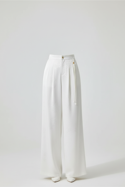 Pantalon Blanc Jacquard Satin Ample Élégant Femme - vue 3