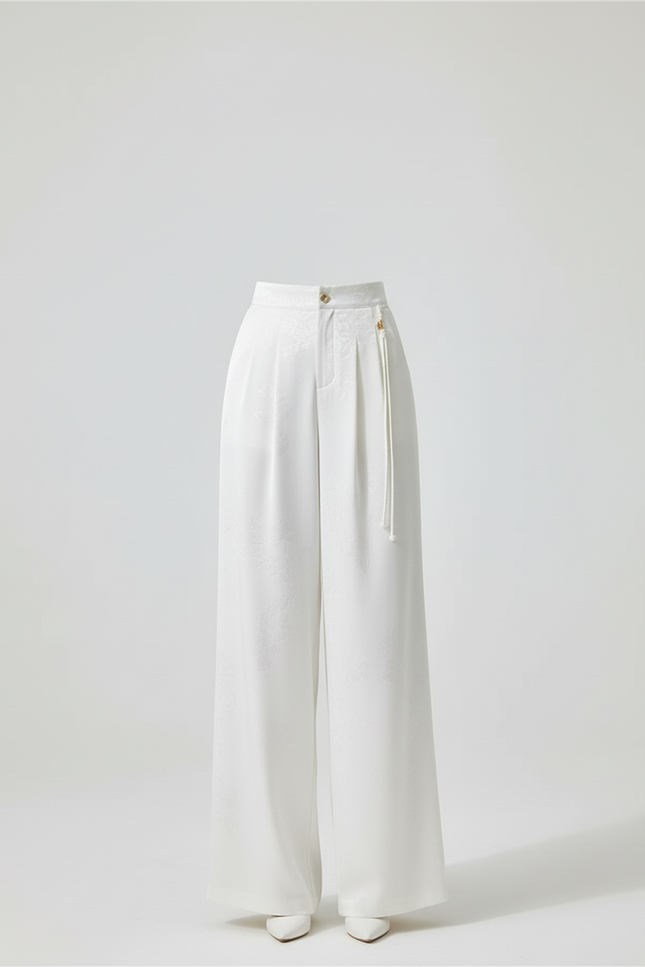 Pantalon Blanc Jacquard Satin Ample Élégant Femme - vue 3