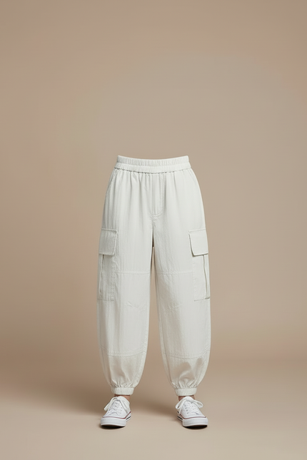 Pantalon Blanc Cargo Enfant Décontracté Léger Coton Ample - Beige - vue 3