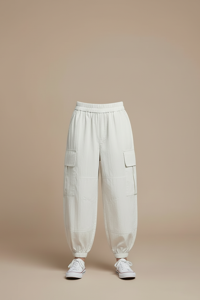Pantalon Blanc Cargo Enfant Décontracté Léger Coton Ample - Beige - vue 3