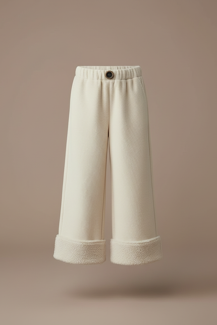 Pantalon Blanc Côtelé Doublé Polaire Ample Fille - Beige Cordé - vue 3