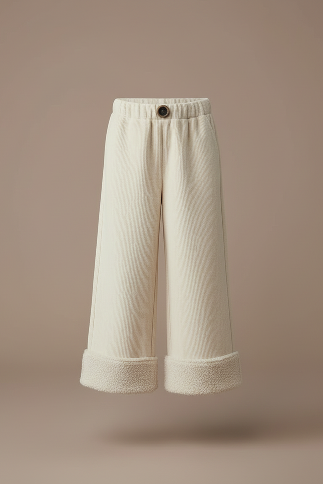 Pantalon Blanc Côtelé Doublé Polaire Ample Fille - Beige Cordé - vue 3