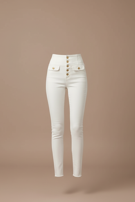 Pantalon Blanc Slim Taille Haute Boutons Dorés Élégant - Jean - vue 3