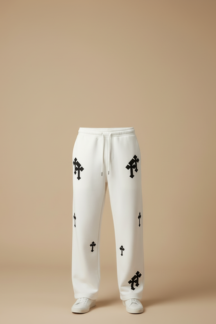 Pantalon Blanc Ample Imprimé Croix Streetwear Décontracté - Molleton - vue 3