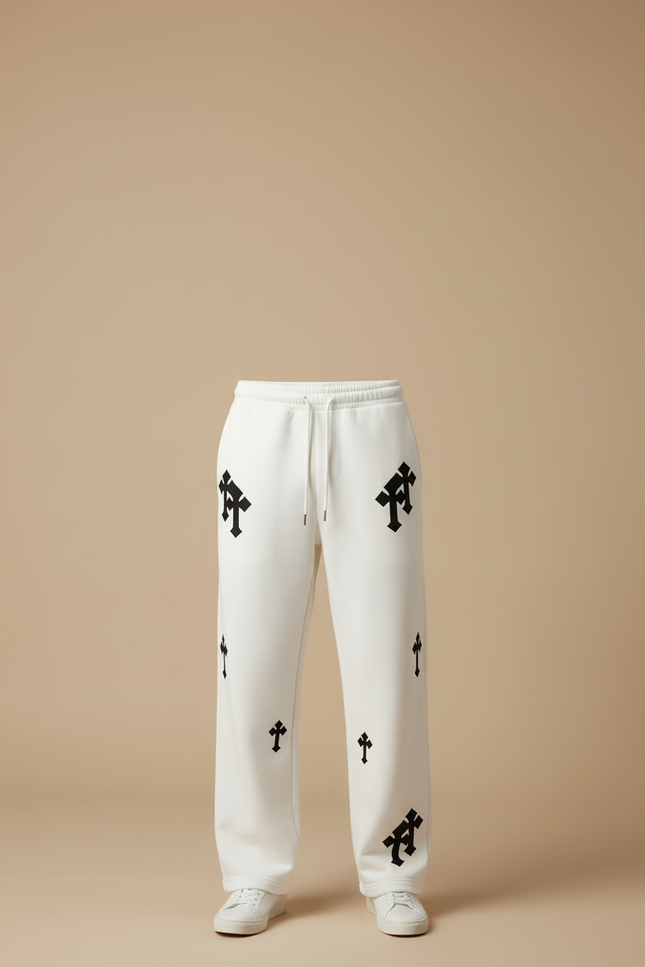 Pantalon Blanc Ample Imprimé Croix Streetwear Décontracté - Molleton - vue 3