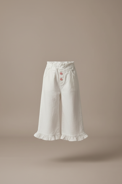 Pantalon Blanc Fille Volants Ample Décontracté Coton - vue 3
