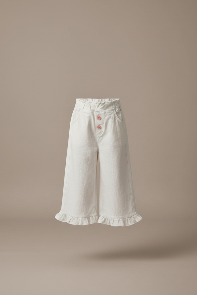 Pantalon Blanc Fille Volants Ample Décontracté Coton - vue 3