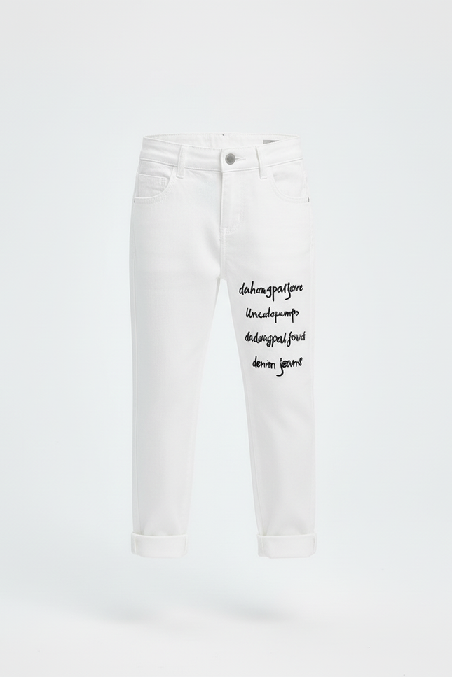 Pantalon Blanc Droit Décontracté Enfant Coton Inscriptions - Jean - vue 3
