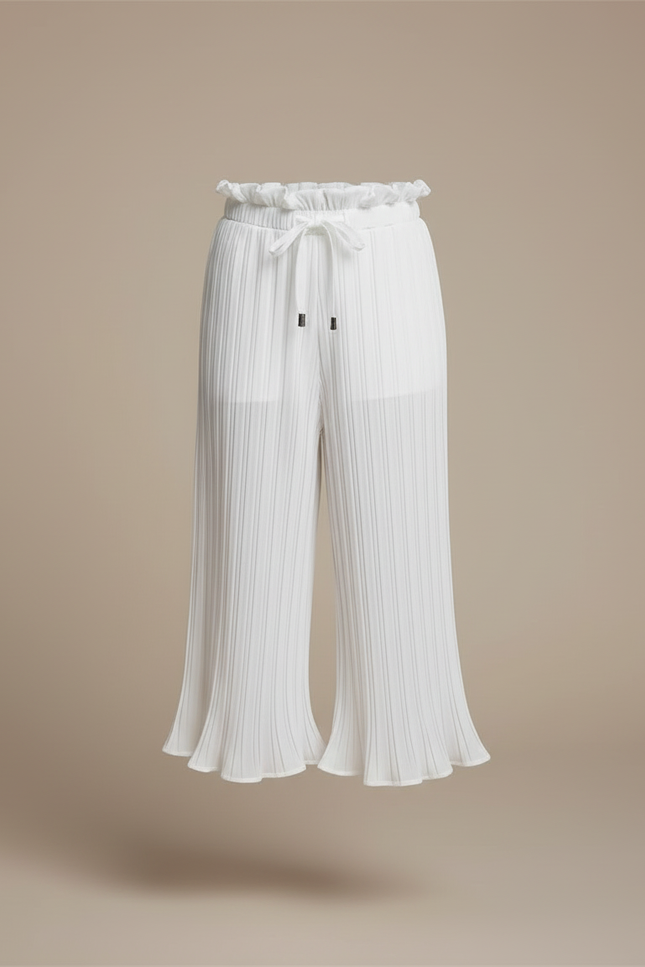 Pantalon Blanc Plissé Ample Taille Haute Fille - Polyester - vue 3