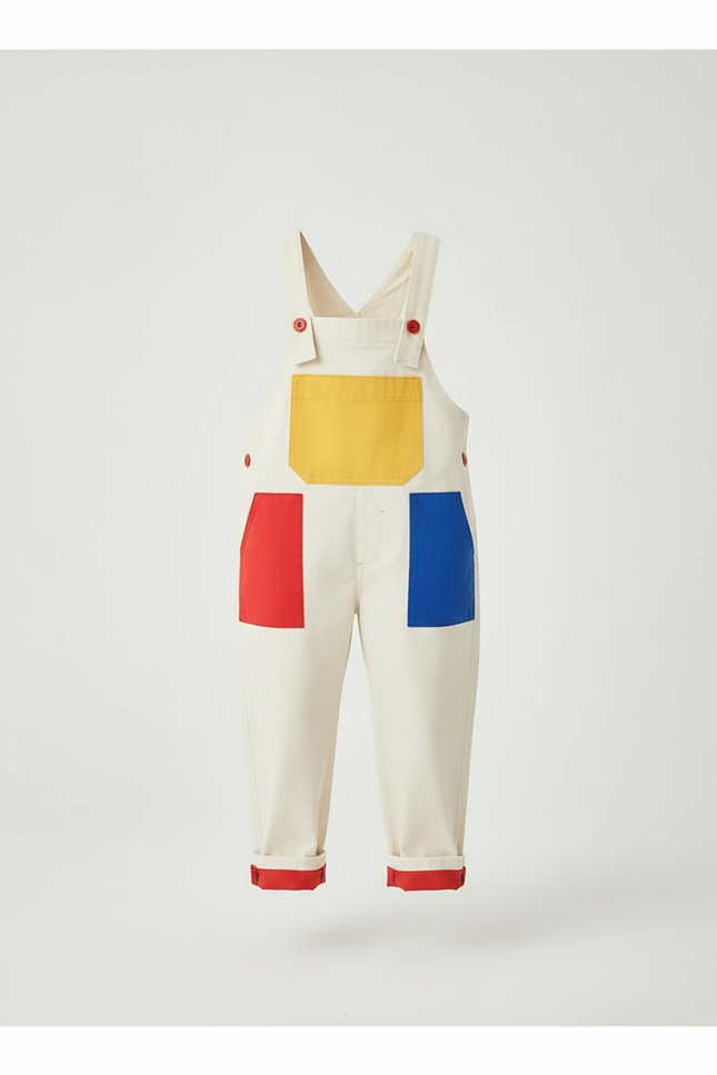 Pantalon Blanc Salopette Patchwork Coloré Ample Enfant - Toile - vue 3