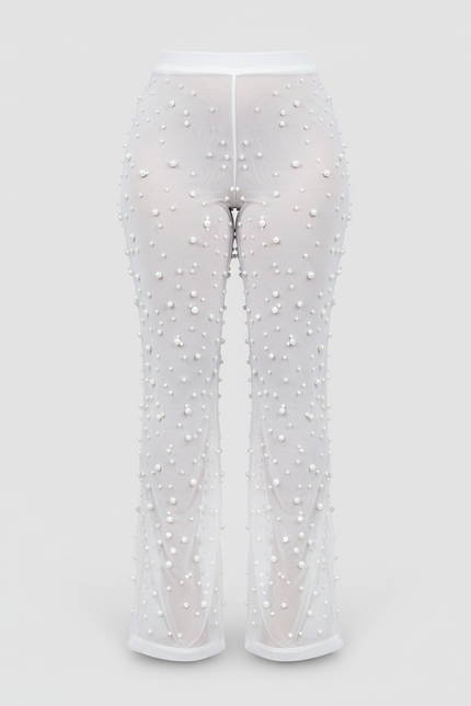 Pantalon Blanc Transparent Perlé Ample Fluide Élégant - Maille - vue 2