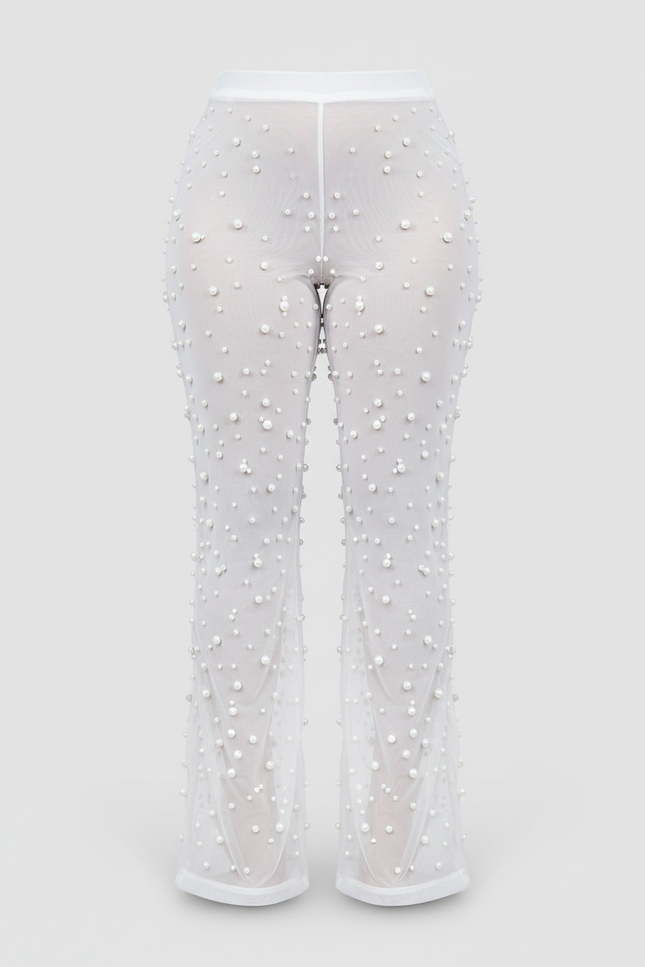 Pantalon Blanc Transparent Perlé Ample Fluide Élégant - Maille - vue 2