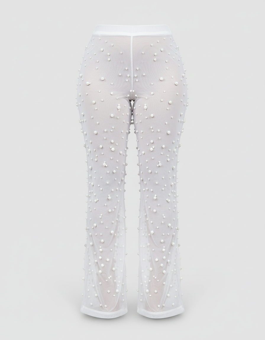 Pantalon Blanc Transparent Perlé Ample Fluide Élégant - Maille - vue 2
