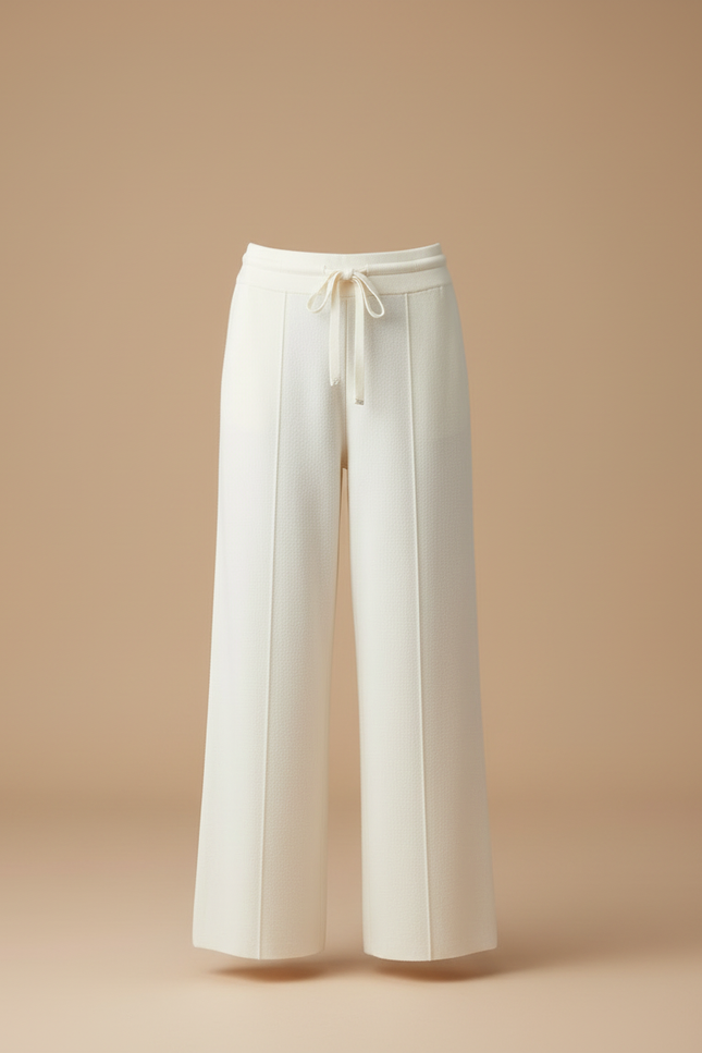 Pantalon Blanc Tricoté Taille Haute Large Décontracté - Maille - vue 3