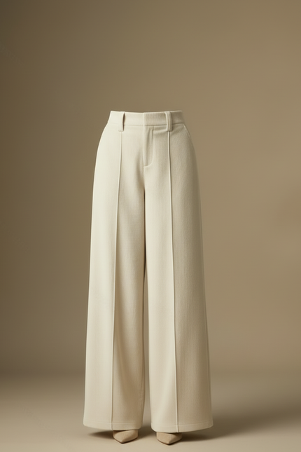 Pantalon Blanc Large Côtelé Plissé Élégant Femme - Beige Cordé - vue 3