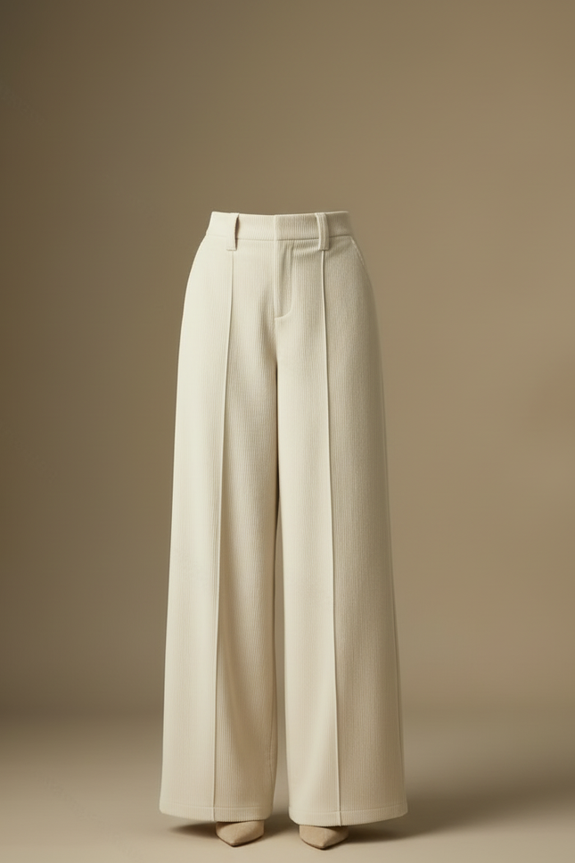 Pantalon Blanc Large Côtelé Plissé Élégant Femme - Beige Cordé - vue 3
