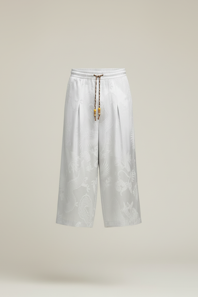 Pantalon Blanc Fluide Plissé Imprimé Dragon Homme Décontracté - Gris Satin - vue 3