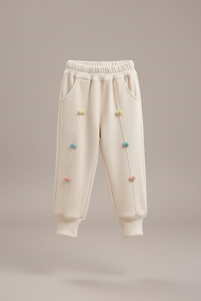 Pantalon Blanc Côtelé Ample Décontracté Pompons Enfant - Beige Maille - vue 3