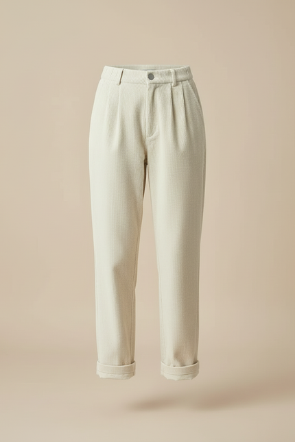 Pantalon Blanc Côtelé Taille Haute Plissé Femme - Beige Cordé - vue 3