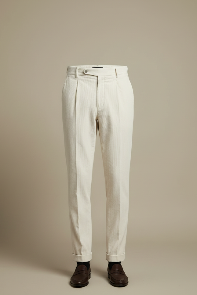 Pantalon Blanc Côtelé Plissé Droit Homme Élégant - Beige Cordé - vue 3