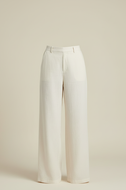 Pantalon Blanc Lin Taille Haute Ample Droit Élégant - Beige - vue 3