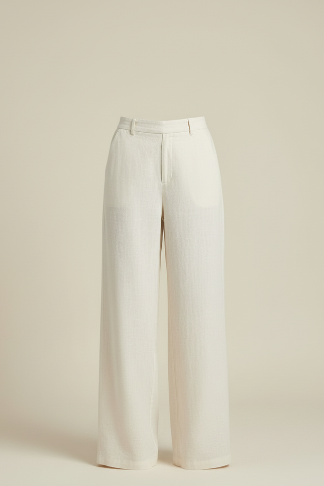 Pantalon Blanc Lin Taille Haute Ample Droit Élégant - Beige - vue 3